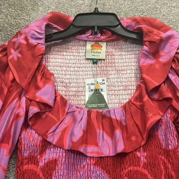 NWT FARM RIO Living Nature Red Pink Burgundy Floral Smocked Mini Dress Size XS - Picture 8 of 9